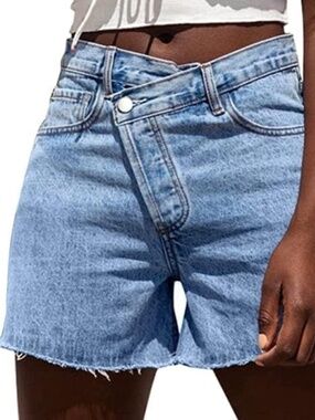 Crossover High Waisted Denim Shorts Cutoff Raw Hem Stretchy Light Wash XL